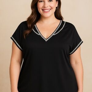 89th & Madison Black Rhinestone V-Neck Elegant Party Top NWT
Size-1X/14W